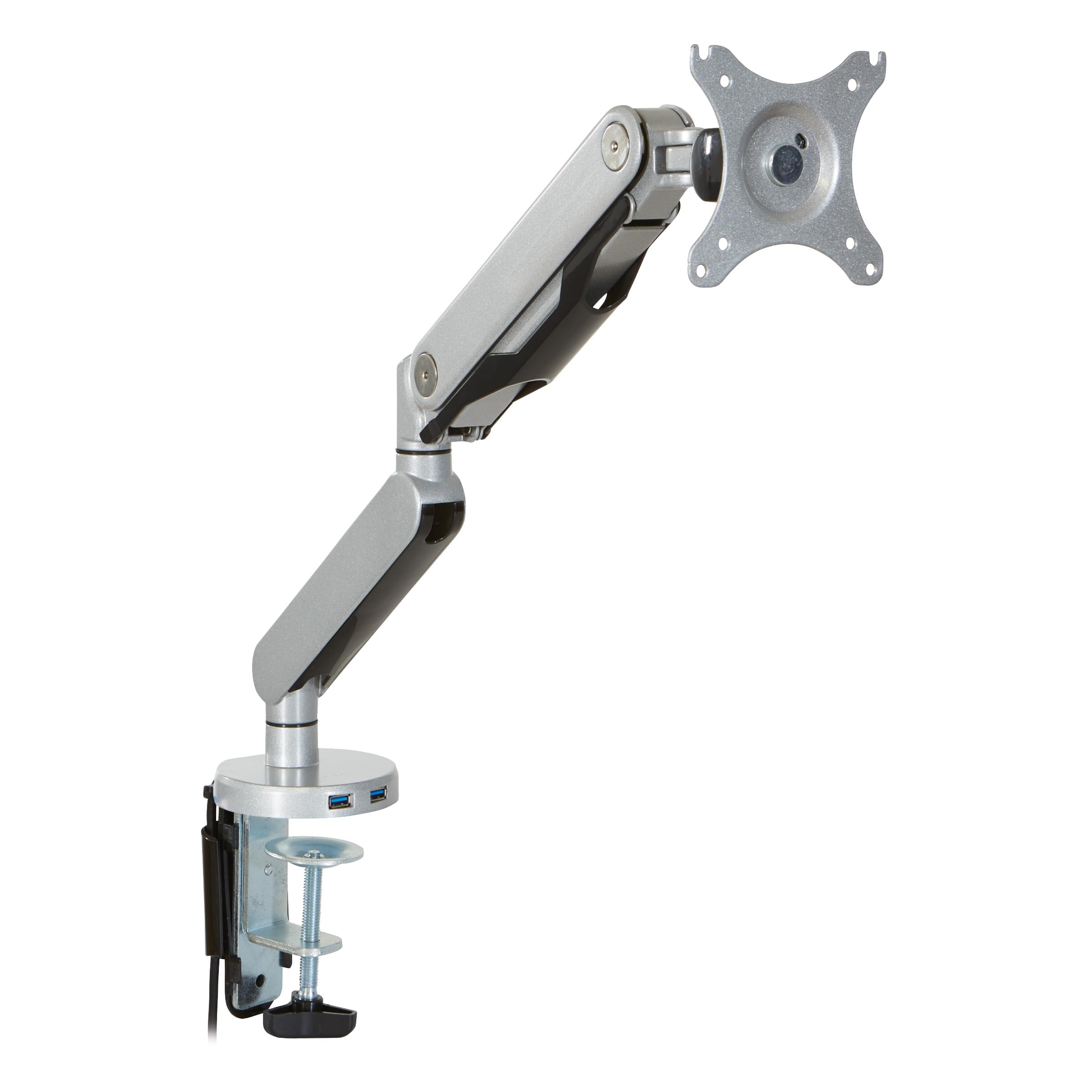 Office Star Ascend II Single Monitor Arm with Dual USB 3.0 Ports, 3-Point Rotation & VESA Mount (17-30 inch) - Ergonomic Adjustable Desk Mount for Home Office, Gaming & Workspace Setup - Silver