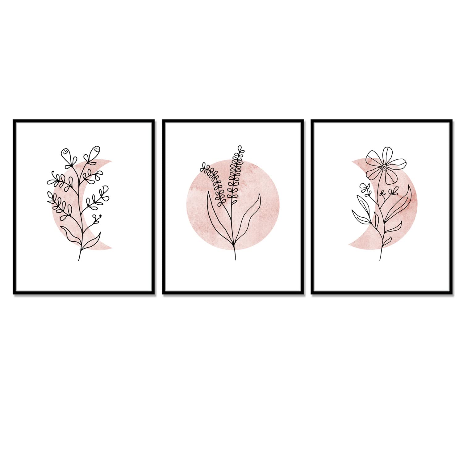 Boho Blush Pink Floral Moon Art Prints - Set of 3 Abstract Black Line Wall Decor with Sun & Moon Phases - 11x14 Inch Unframed Canvas Art for Bedroom, Living Room & Nursery Decor