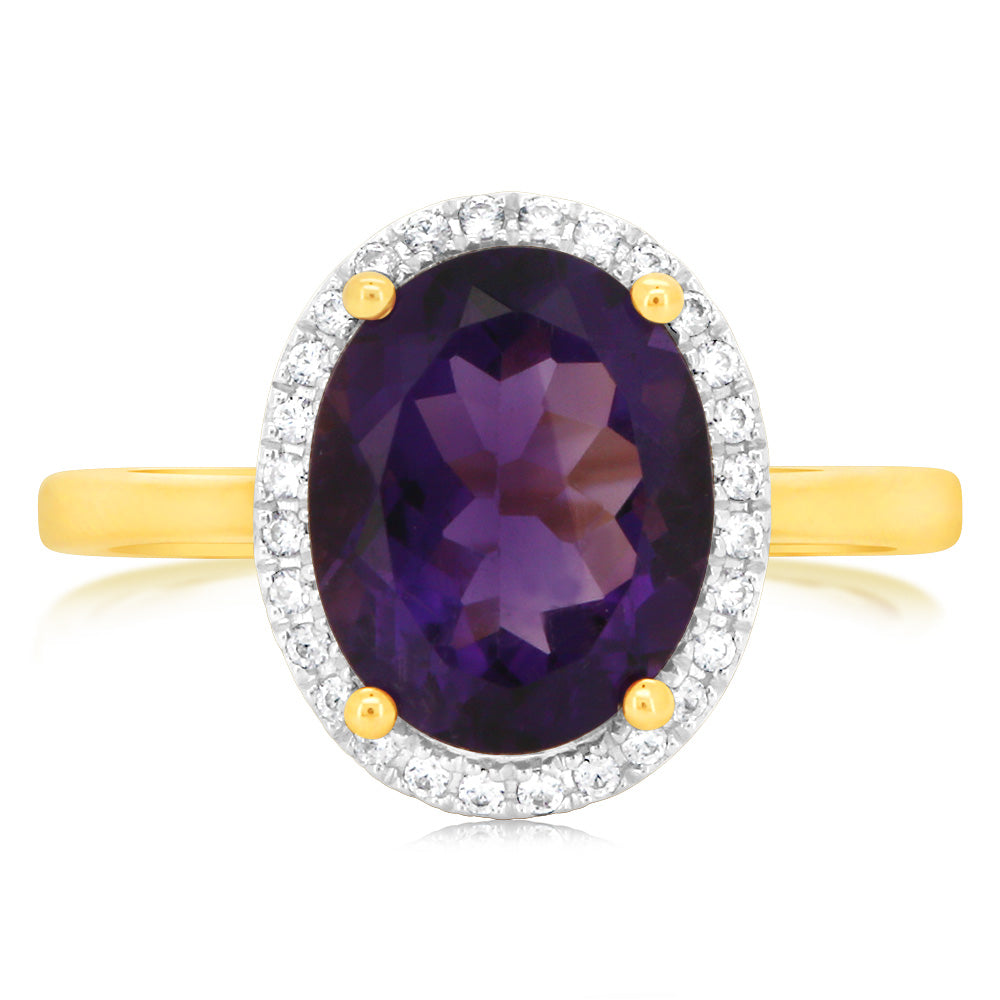 9ct Yellow Gold 2.5 Carat Amethyst & 28 Cubic Zirconia Ring for Women - Elegant Purple Gemstone Jewelry for Engagement, Anniversary & Special Occasions