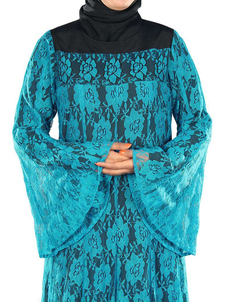 Elegant Turquoise Blue Floral Net Abaya Dress - Modest Islamic Fashion for Women - Perfect for Prayer, Eid, and Special Occasions