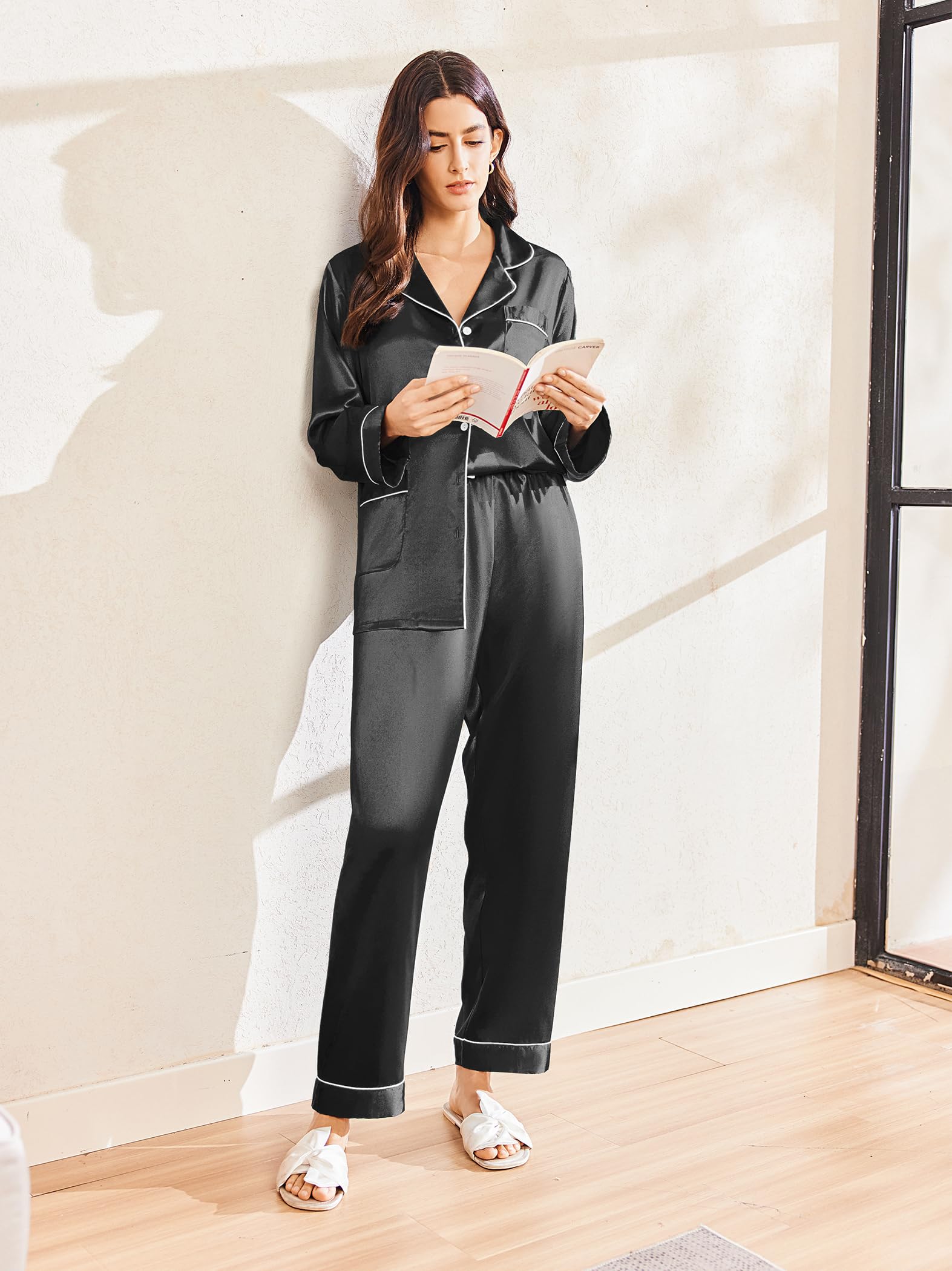 Ekouaer Women's Silk Pajama Set - Classic Button Down Satin Sleepwear with Long Sleeves for Lounge & Relaxation | Perfect for Sleepovers, Spa Days & Cozy Nights at Home