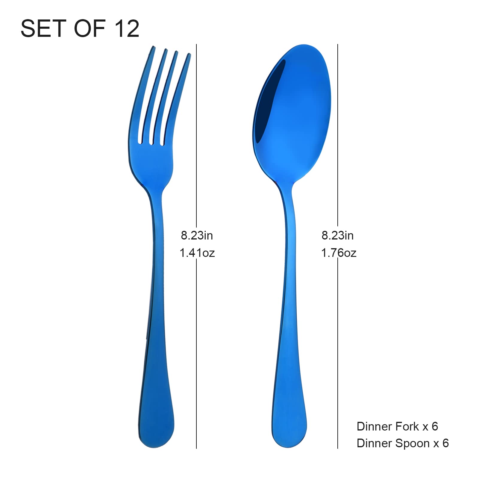 12-Piece Blue Stainless Steel Flatware Set - Mirror Polished Dinner Forks & Spoons (8 Inch, Dishwasher Safe) - Elegant Tableware for Restaurants, Weddings & Home Dining