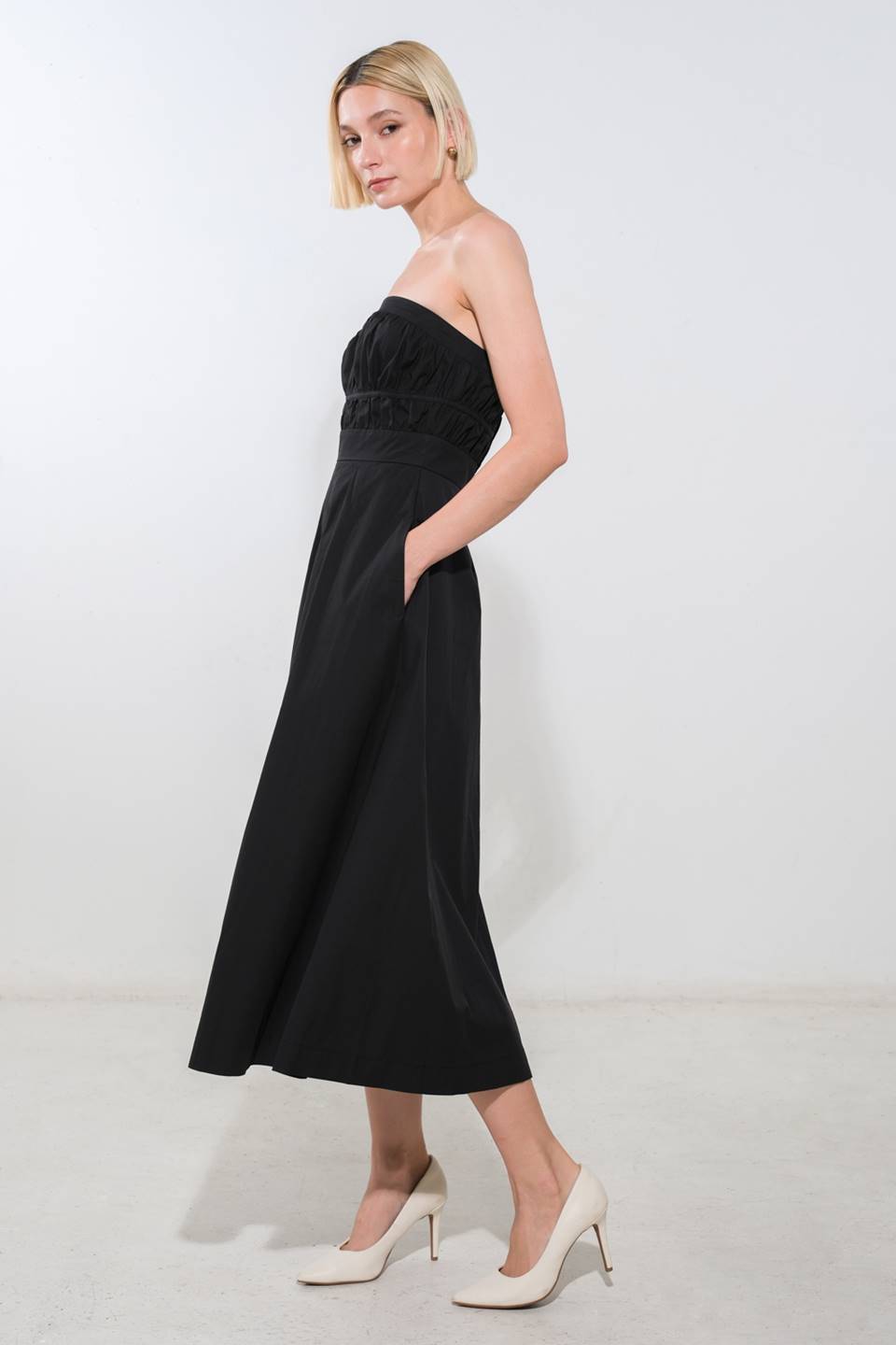 MYSTIC MUSE Strapless A-Line Midi Dress for Women - Elegant Formal Evening Gown for Wedding, Cocktail Party & Special Occasions