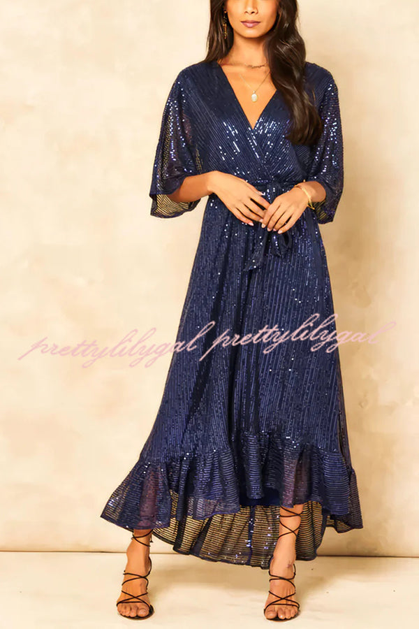 Elegant Solid Color Sequined V-Neck Waist Tie Loose Maxi Dress for Women - Perfect for Evening Parties, Weddings & Special Occasions