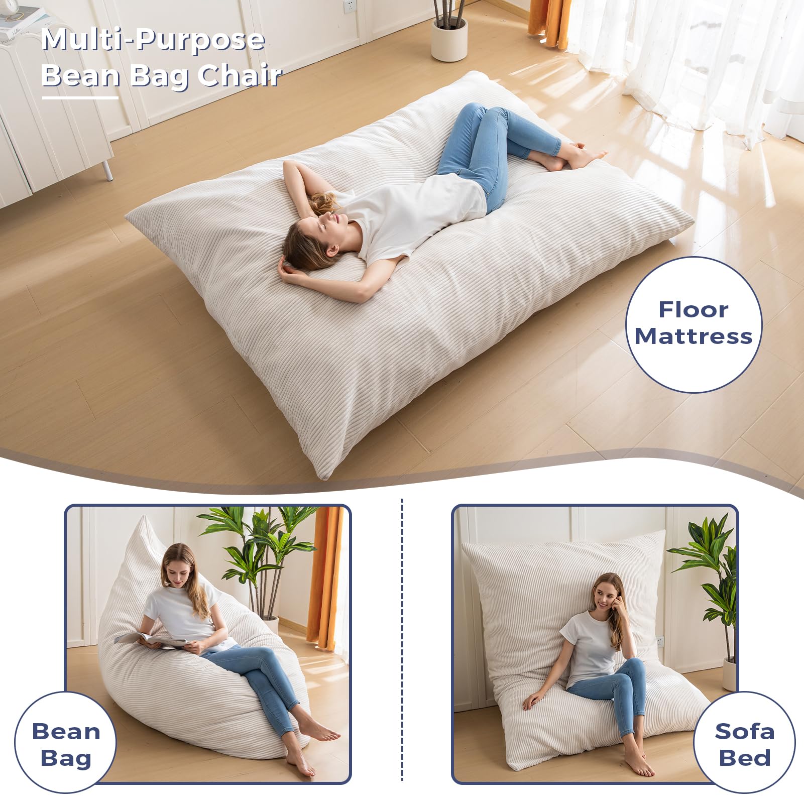 MAXYOYO 3-in-1 Bean Bag Chair - Giant Comfortable Pillow Lounger for Living Room, Bedroom & Dorm - Soft White Microfiber - Perfect for Relaxing, Gaming & Movie Nights