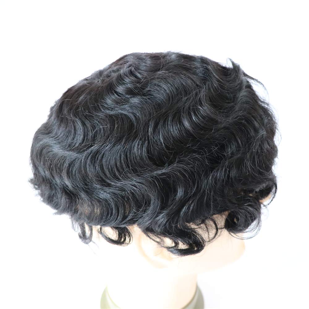 Men's French Lace Wave Hair Toupee 8x10 Inch - Afro Loose Curly Human Hair Replacement Piece #1B Off Black - 120% Medium Density - Perfect for Daily Wear, Cosplay & Hair Loss Solutions