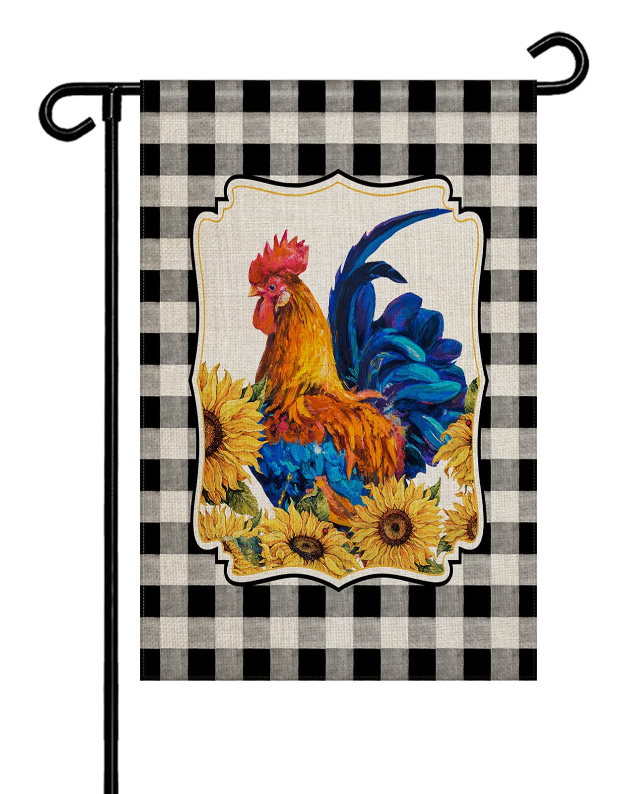 Double Sided Burlap Garden Flag - Farm Rooster & Sunflower Rustic Plaid Design | 28x40 Inch Seasonal Vertical Yard Banner for Patio, Lawn & Outdoor Decor | Perfect for Summer Welcome Signs, Farmhouse Style Homes & Countryside Gardens