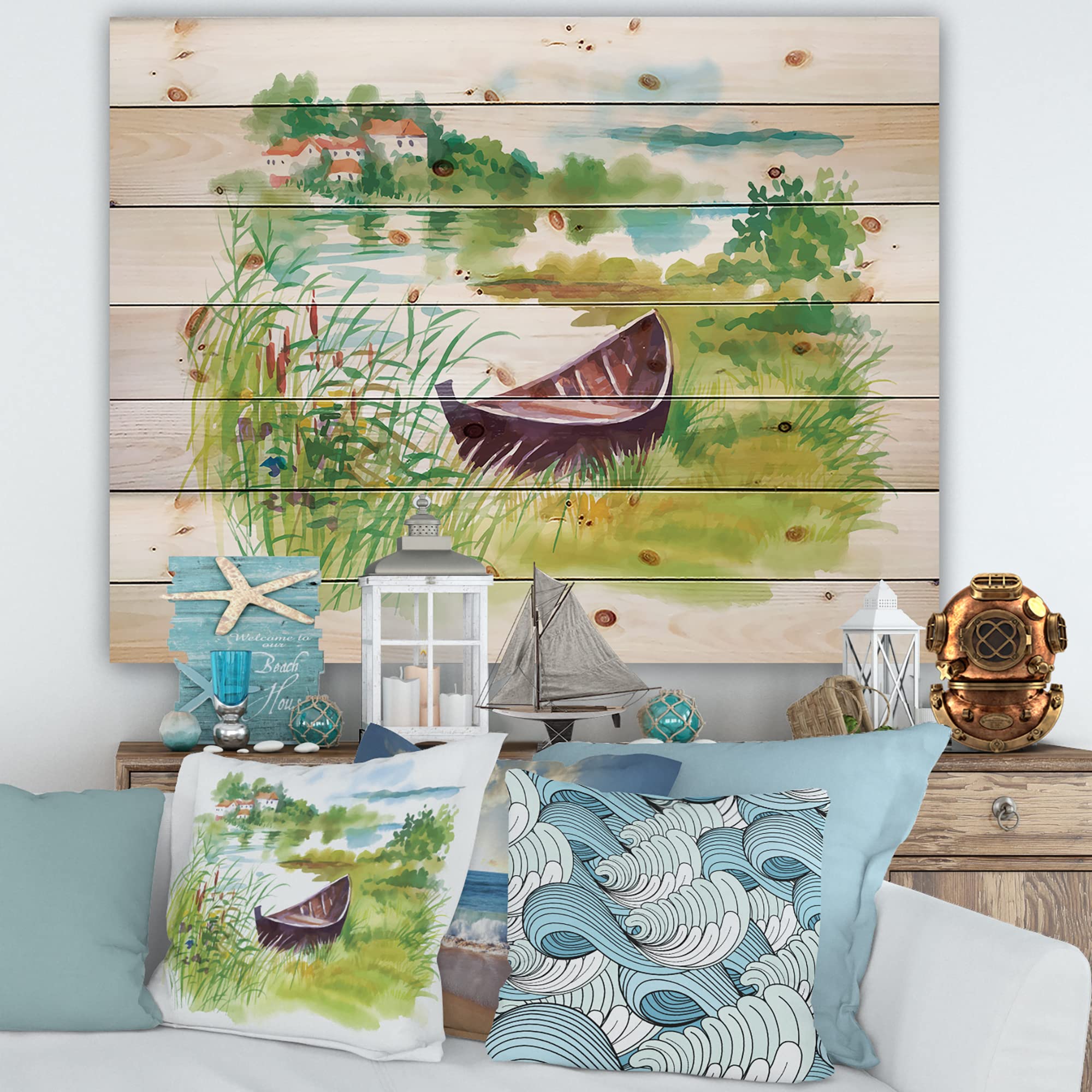 DesignQ Rustic Green Landscape with Boat Lake House Wood Wall Decor - Large Pine Wood Wall Art Panel, Natural Wooden Wall Hanging for Living Room, Bedroom & Cabin Decor