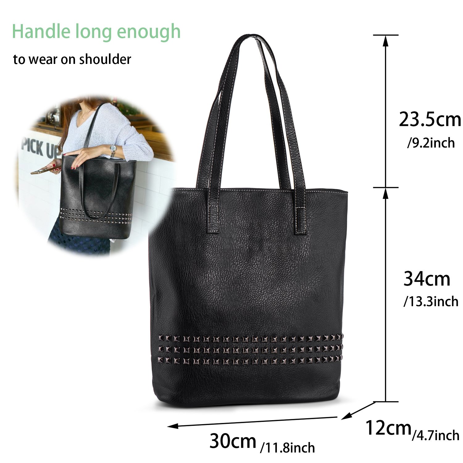 Stylish Large PU Leather Tote Bag for Women - Studded Shoulder Bag with Long Handles - Perfect for Work, Shopping & School - Black Women's Handbag