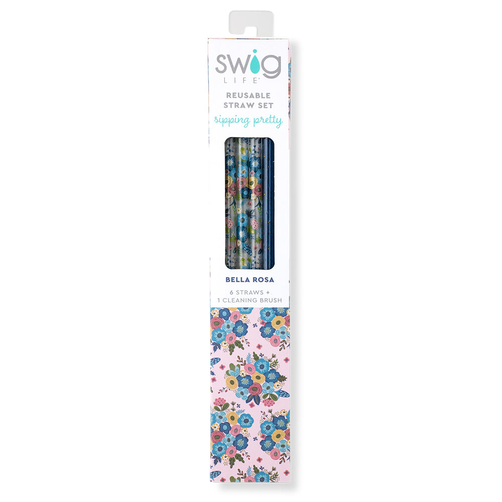Bella Rosa & Navy Glitter Reusable Straw Set - 4 Pack Eco-Friendly Stainless Steel Drinking Straws with Cleaning Brush | Perfect for Smoothies, Cocktails, and Parties