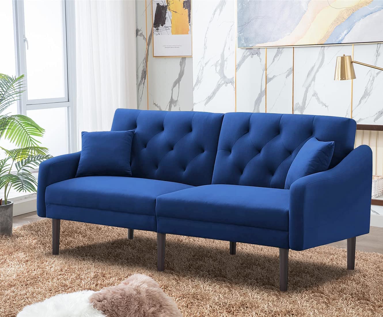 Goujxcy Convertible Futon Sofa Bed - Velvet Sleeper Sofa with 2 Pillows & Armrests, Foldable Couch for Small Spaces - Perfect for Living Room, Bedroom, Dorm or Apartment | Multi-Functional Guest Bed & Lounge Chair