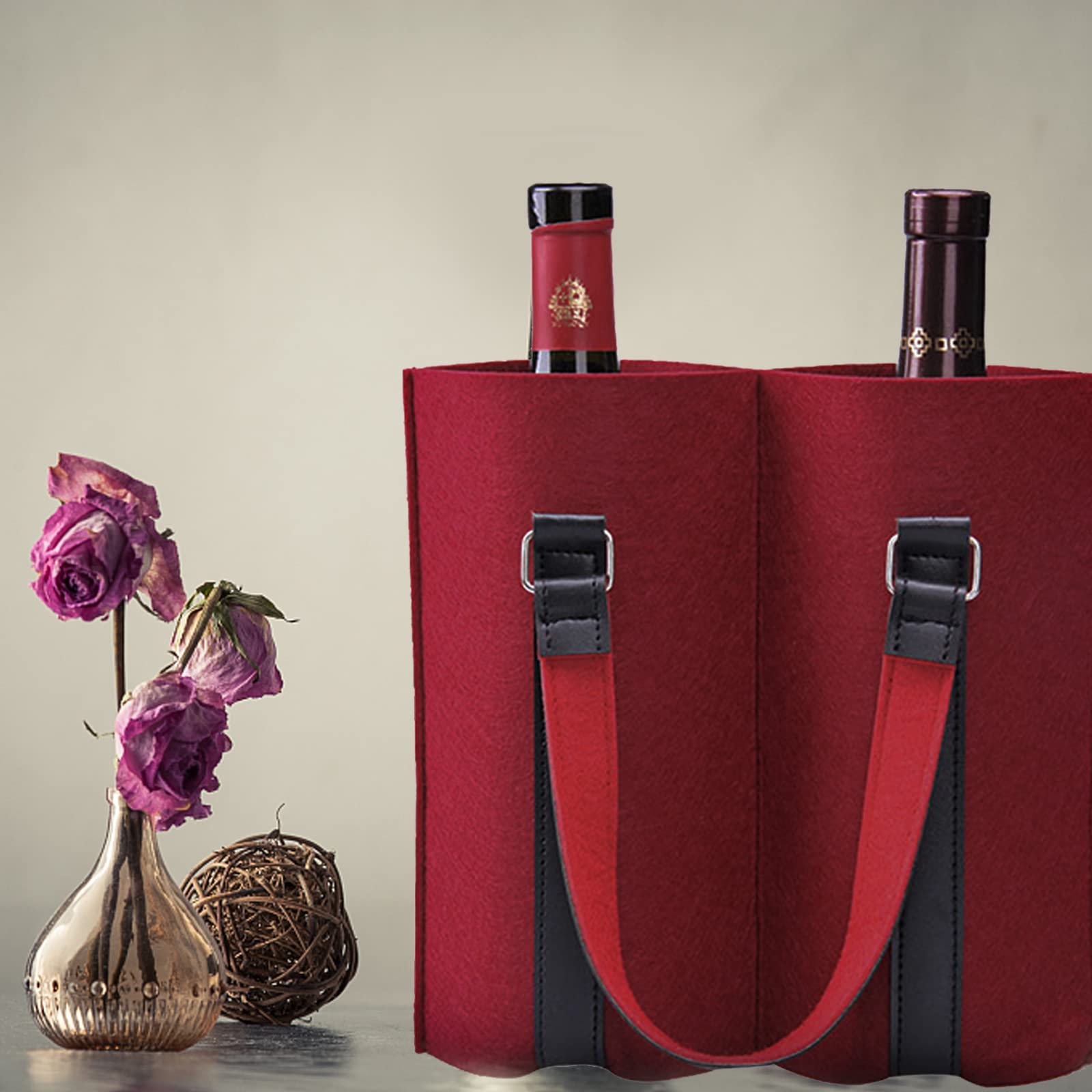 Khakho 2 Bottle Wine Tote Carrier - Insulated Felt Wine Bag with Sturdy Handle for Wine Tasting, Parties & Gifts | Perfect for Picnics, Weddings & Holiday Presents | Great Gift for Wine Lovers