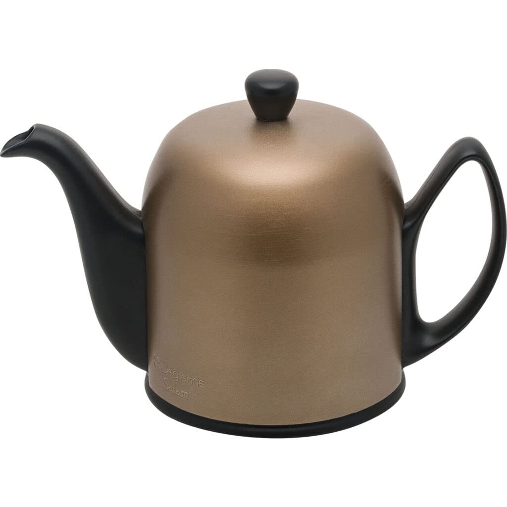 Premium French Porcelain Teapot with Bronze Aluminum Lid - 24oz (4 Cup) Ceramic Tea Kettle with Removable Infuser for Loose Leaf Tea - Elegant Black Design for Afternoon Tea, Tea Parties & Home Decor