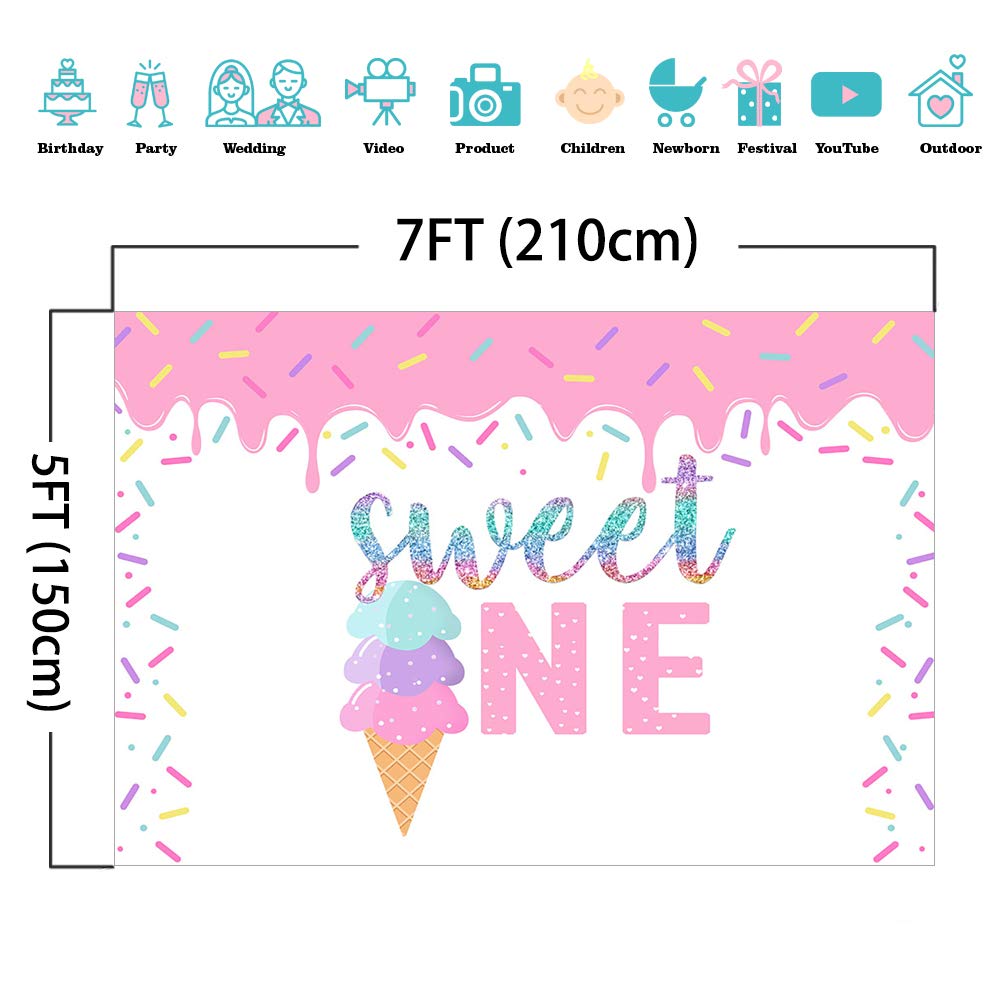 **Sweet Ice Cream Backdrop - 7x5ft Summer Birthday Party Decor for Girls, 1st Birthday Cake Table & Photo Booth Props - Mocsicka Sweet One Theme**    *(Perfect for 1st birthday parties, summer celebrations, baby showers, dessert tables, and photo booth backdrops!)*