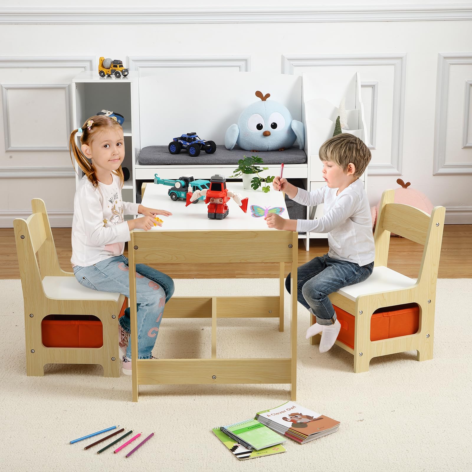 GARVEE 3-in-1 Kids Table and Chair Set with Storage Drawer | Wooden Activity Table for Toddlers | Arts & Crafts Table | 2-in-1 Tabletop | Natural Wood Playroom Furniture for Home, Preschool & Kindergarten | Perfect for Drawing, Learning & Playtime Activities