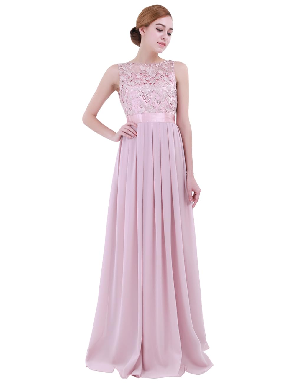 Elegant Sleeveless Chiffon Bridesmaid Dress with Lace Detail - Women's Formal Long Evening Gown for Wedding, Party & Special Occasions