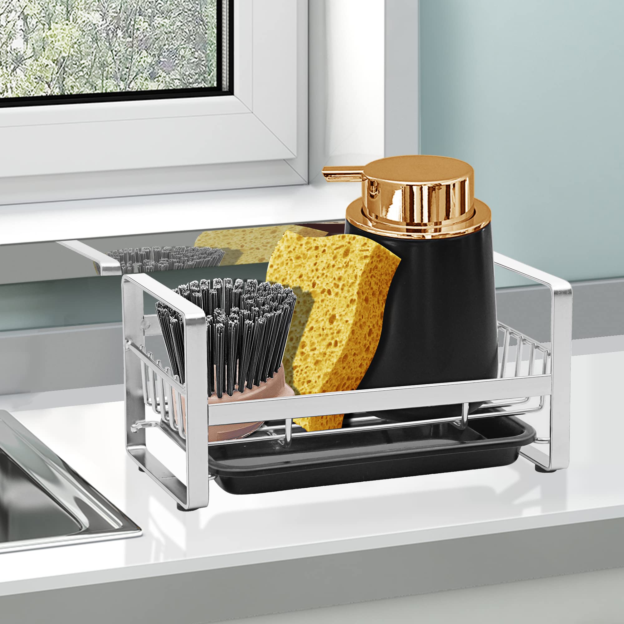 2 Pack Stainless Steel Kitchen Sponge Holder & Soap Caddy - Sink Organizer Tray for Kitchen Countertop - Silver & Black (2PCS) - Perfect for Dishwashing, Cleaning & Bathroom Organization