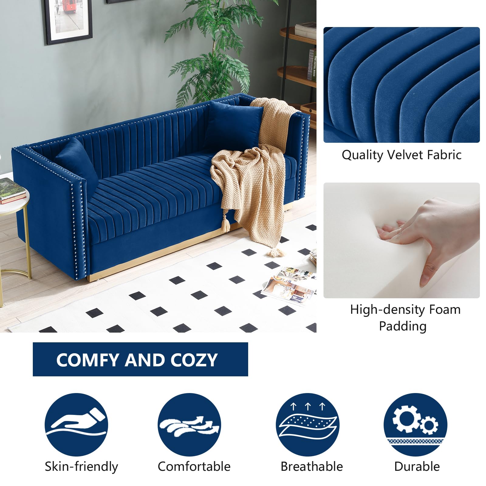 KIVENJAJA 2-Piece Velvet Sofa Set - Modern Channel Tufted Loveseat & Couch with 4 Pillows, Nailhead Trim & Gold Base in Navy Blue - Perfect for Living Room, Lounge & Small Spaces