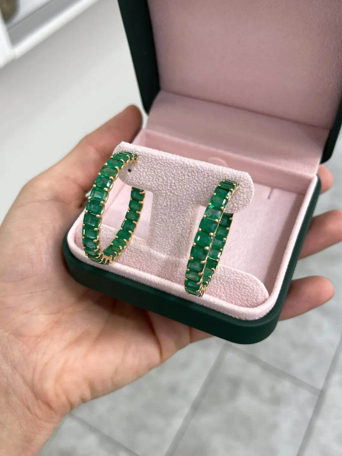 20.69ct Natural Grand Emerald East-West Hoop Earrings for Women - Elegant Statement Jewelry for Parties, Weddings & Special Occasions