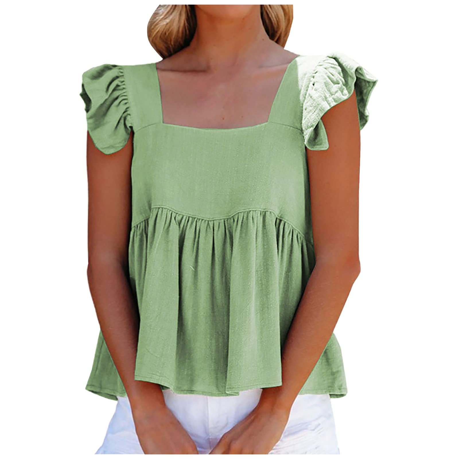 Women's Square Neck Babydoll Top with Cape Sleeves & Ruffle Details - Cute Summer Blouse with Stringy Selvedge Straps for Casual Outings & Beach Wear