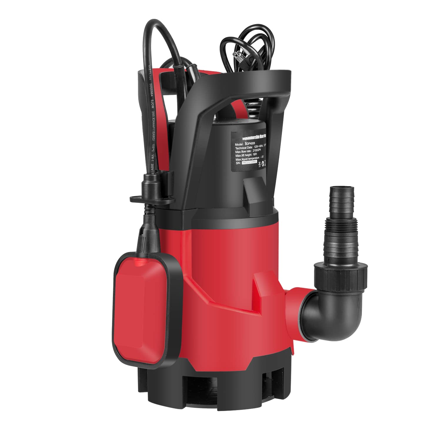 1HP Submersible Sump Pump with Automatic Float Switch - 3700GPH High Capacity Water Pump for Pool Draining, Hot Tub, Flood Control & Irrigation - Perfect for Basement, Yard, and Emergency Water Removal (Red)