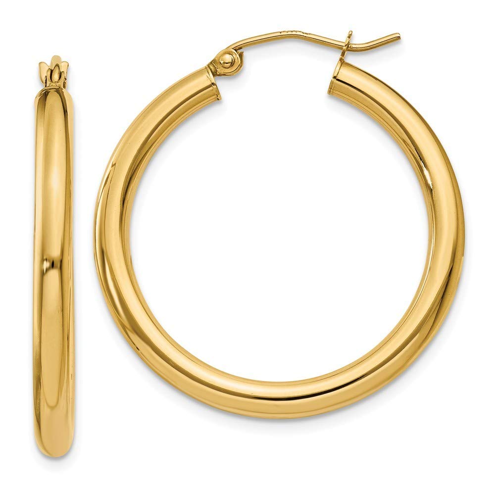 10K Yellow Gold Polished 3mm Round Hoop Earrings - 25mm Length | Classic Dainty Everyday Jewelry for Women, Perfect for Work, Date Night & Gifts