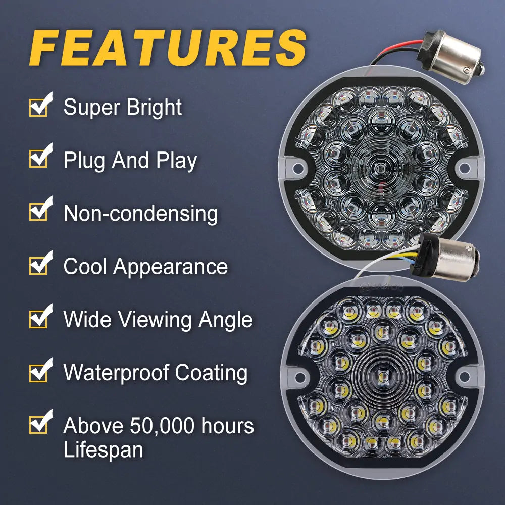 1157 & 1156 LED Turn Signal Kit for Harley Davidson Road Glide, Road King, Softail & Ultra Classic - 3.25 Inch Dual Function Bulbs with Front Double Base & Rear Single Connector - Perfect for Daytime Visibility & Nighttime Safety Riding