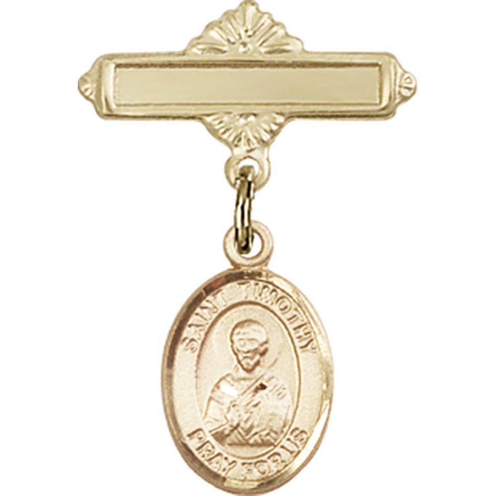 St. Timothy Gold Filled Baby Badge - 1 X 5/8 Inch Religious Charm with Polished Pin - Perfect for Christening Gifts, Baptism Jewelry & Baby Keepsakes