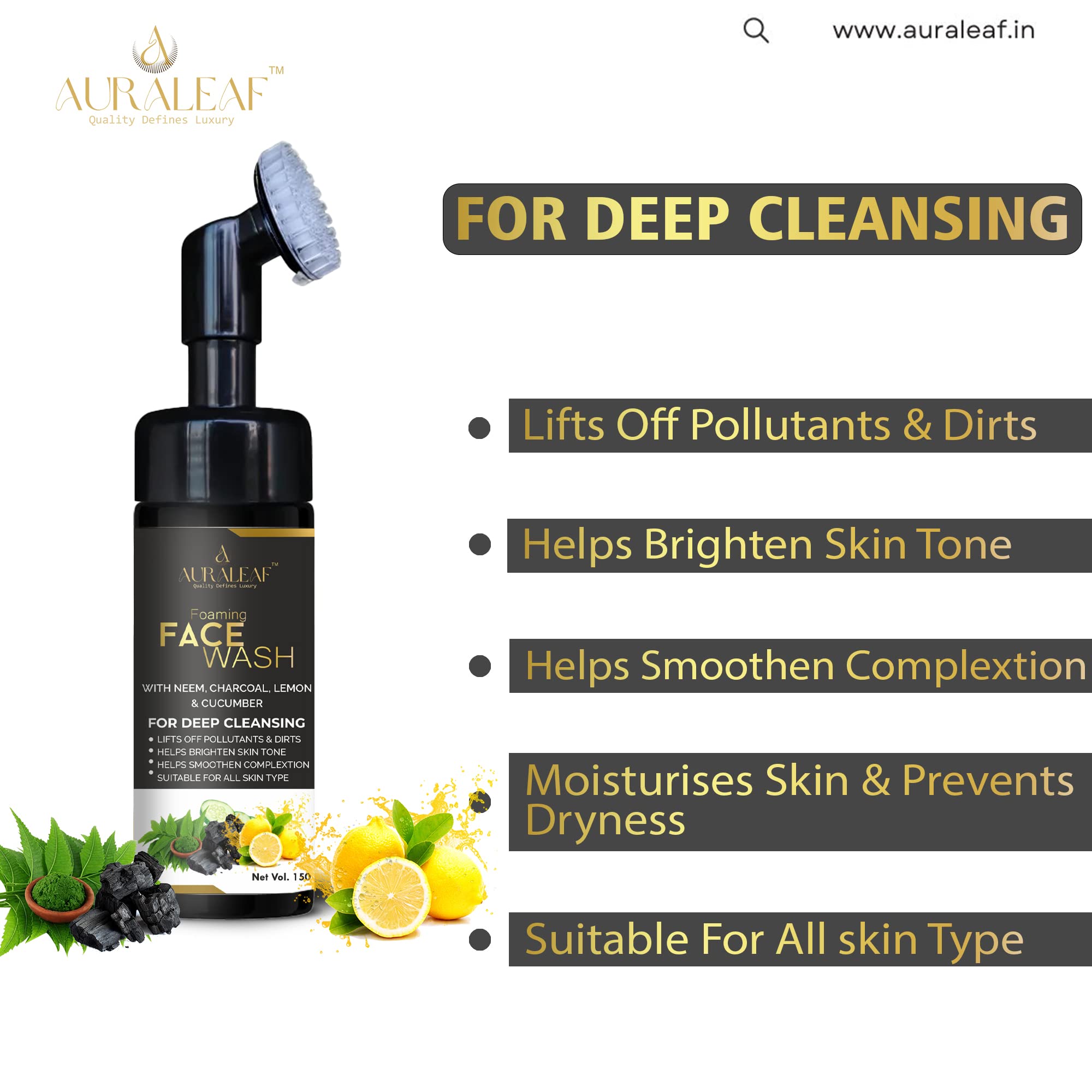 Auraleaf Foaming Face Wash with Neem, Lemon, Cucumber & Charcoal - Gentle Skin Cleanser for Bright, Clear Skin | All Skin Types | 150ml | Daily Deep Cleansing & Oil Control for Acne-Prone Skin