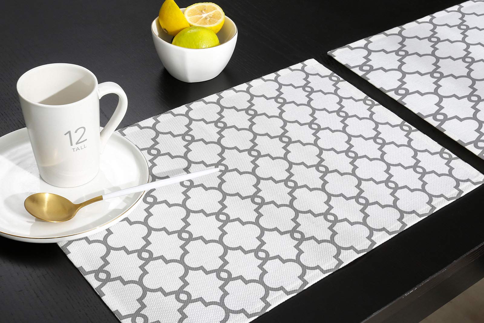 4-Pack Heat-Resistant Moroccan Linen Placemats for Dining Table - 12x18 Inch Traditional Quatrefoil Lattice Pattern in Grey & White - Perfect for Home Decor, Dinner Parties & Holiday Tablescapes
