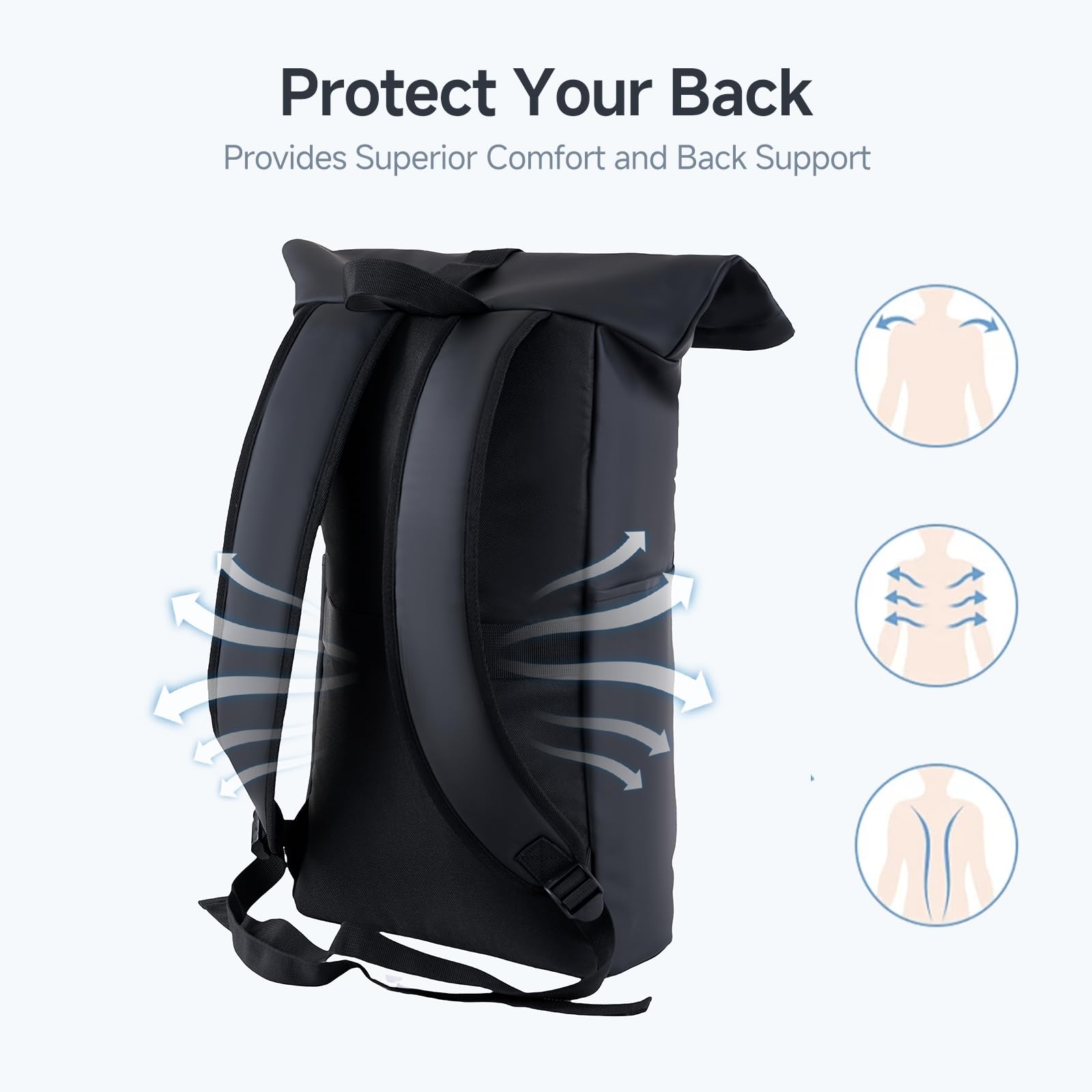 Waterproof Rolltop Backpack for Men & Women - Lightweight PU Laptop Backpack Fits 16 Inch Notebook, 23L Large Capacity Adjustable for Travel, Sports, Work, University, Camping & School - Black