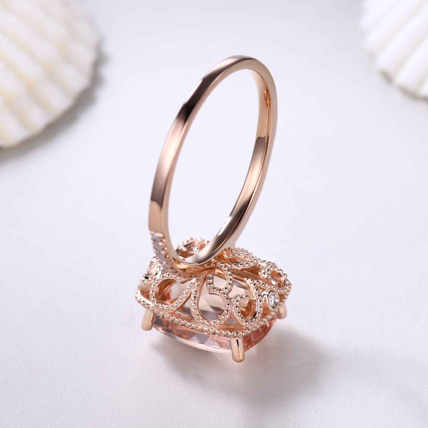 5 Carat Morganite Engagement Ring with Filigree Halo & Diamond Accents in Rose Gold - Perfect for Proposals, Weddings & Anniversary Gifts