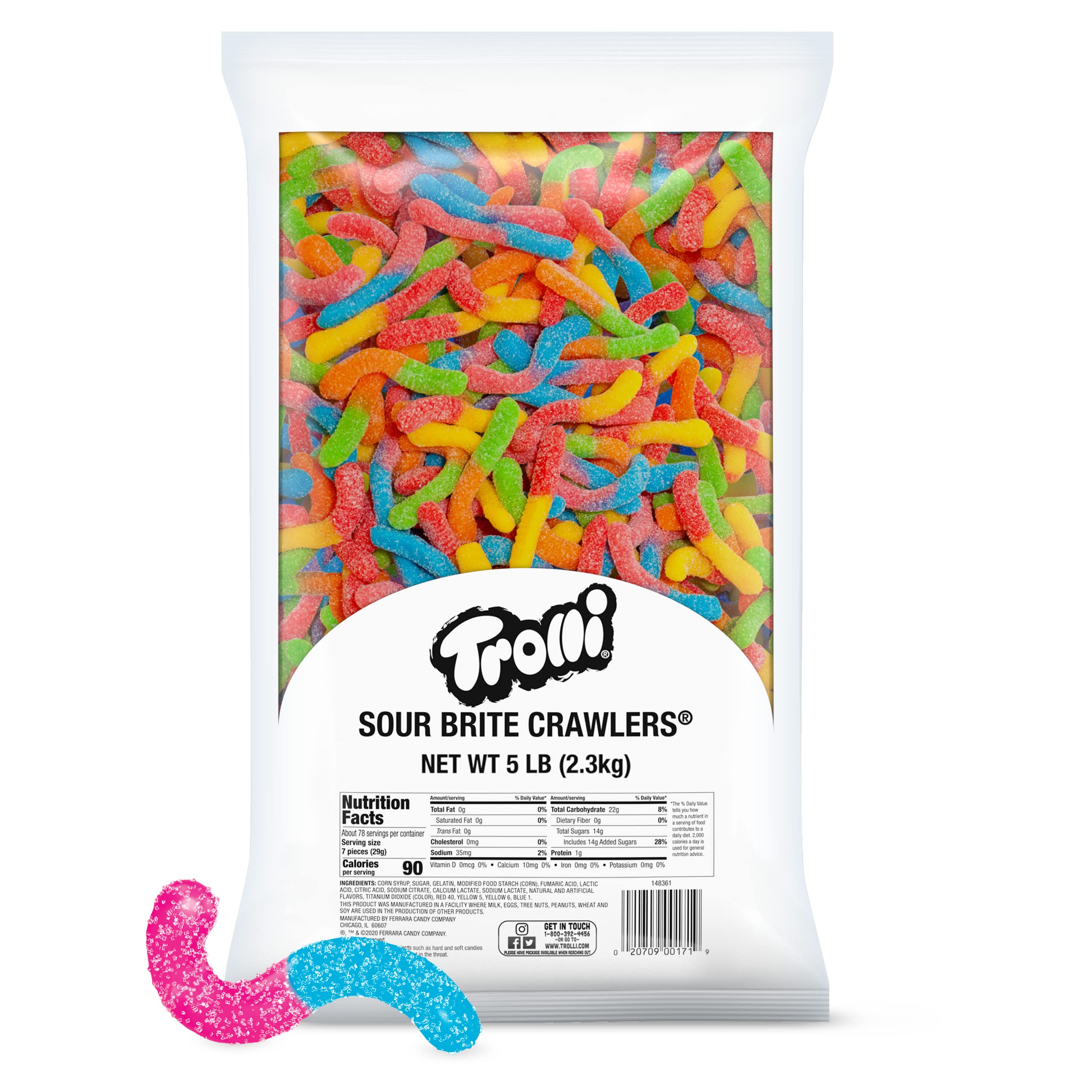 Trolli Sour Brite Crawlers Gummy Worms Candy - 5lb Bulk Bag of Sour Gummy Worms for Halloween, Parties, Movie Nights & Snacking