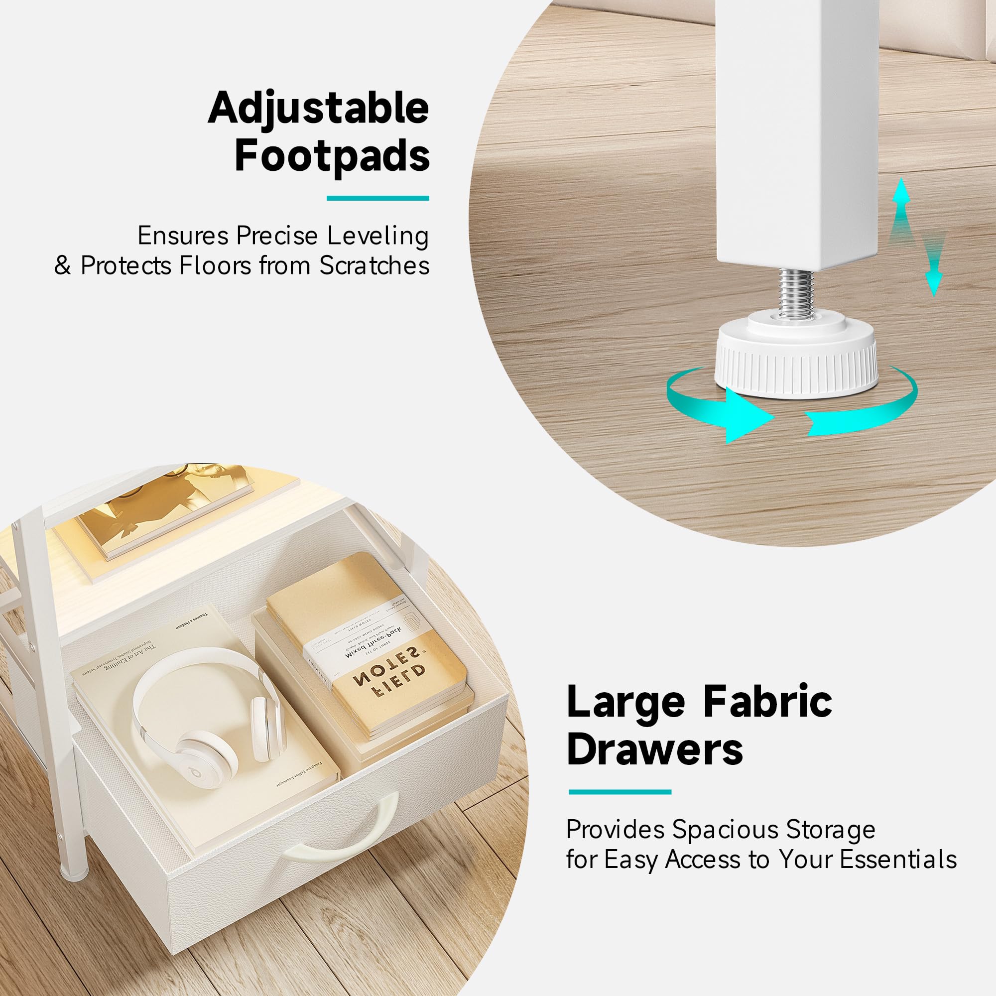Modern White Nightstand with Charging Station, USB Ports & AC Outlets - Bedside Table with LED Light Strip, Storage Shelf & 2 Fabric Drawers for Bedroom - Perfect for Small Spaces, Apartment Living & Guest Rooms
