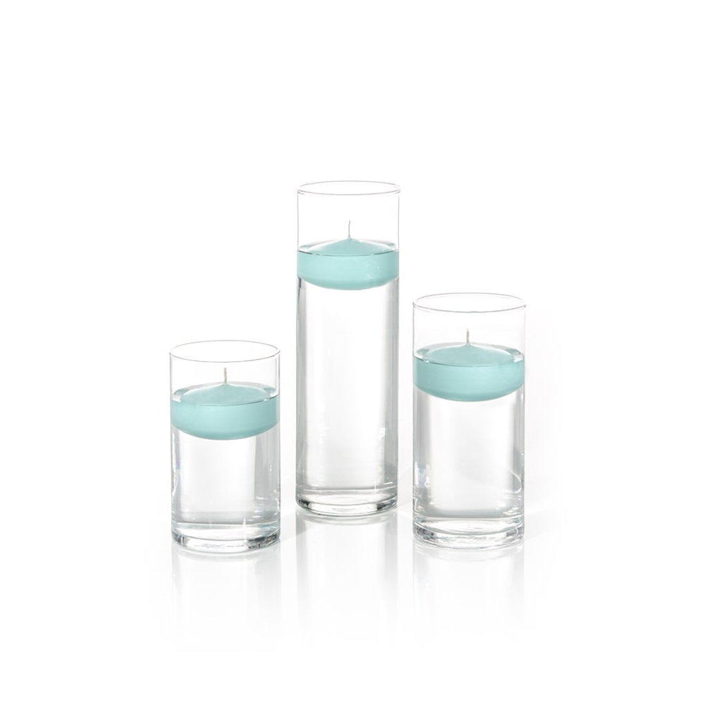 Yummi Set of 18 Floating Candles & Cylinder Vases - Elegant Blue Jade Color for Wedding Centerpieces, Romantic Bath Decor, Spa Parties & Home Decoration