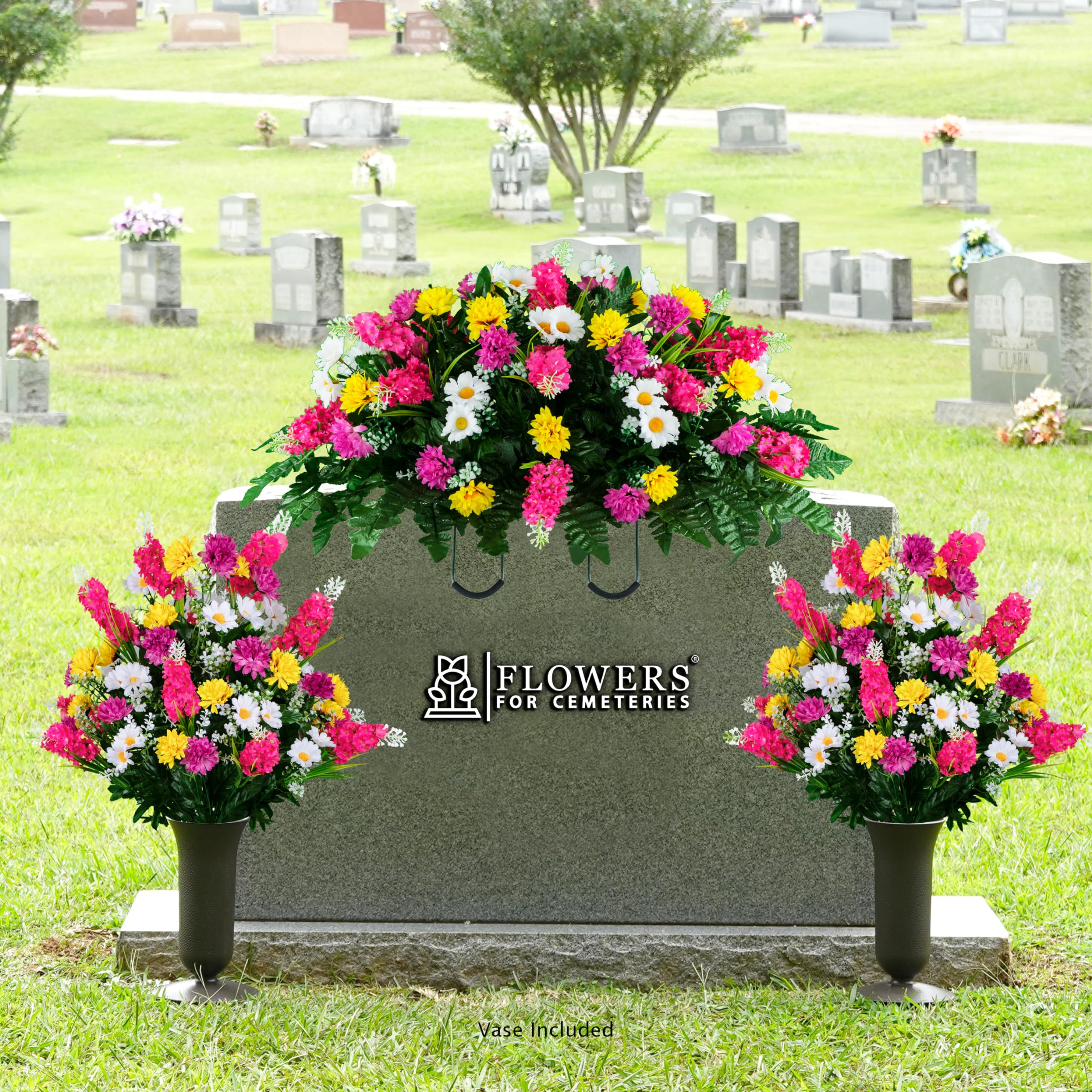 Sympathy Silks Artificial Cemetery Grave Decorations - 2 Pink Yellow Wildflower Bouquets, 1 Matching Saddle, and 2 Vases Included | Memorial Flowers for Graveside, Headstone Decor, Funeral Arrangements & Cemetery Visits