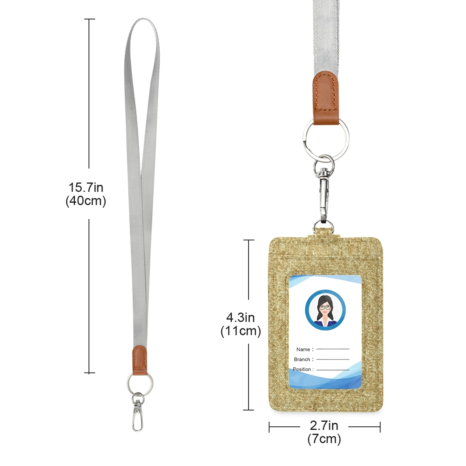 Gold Glitter ID Badge Holder with Lanyard & Key Ring - Office & Event Use