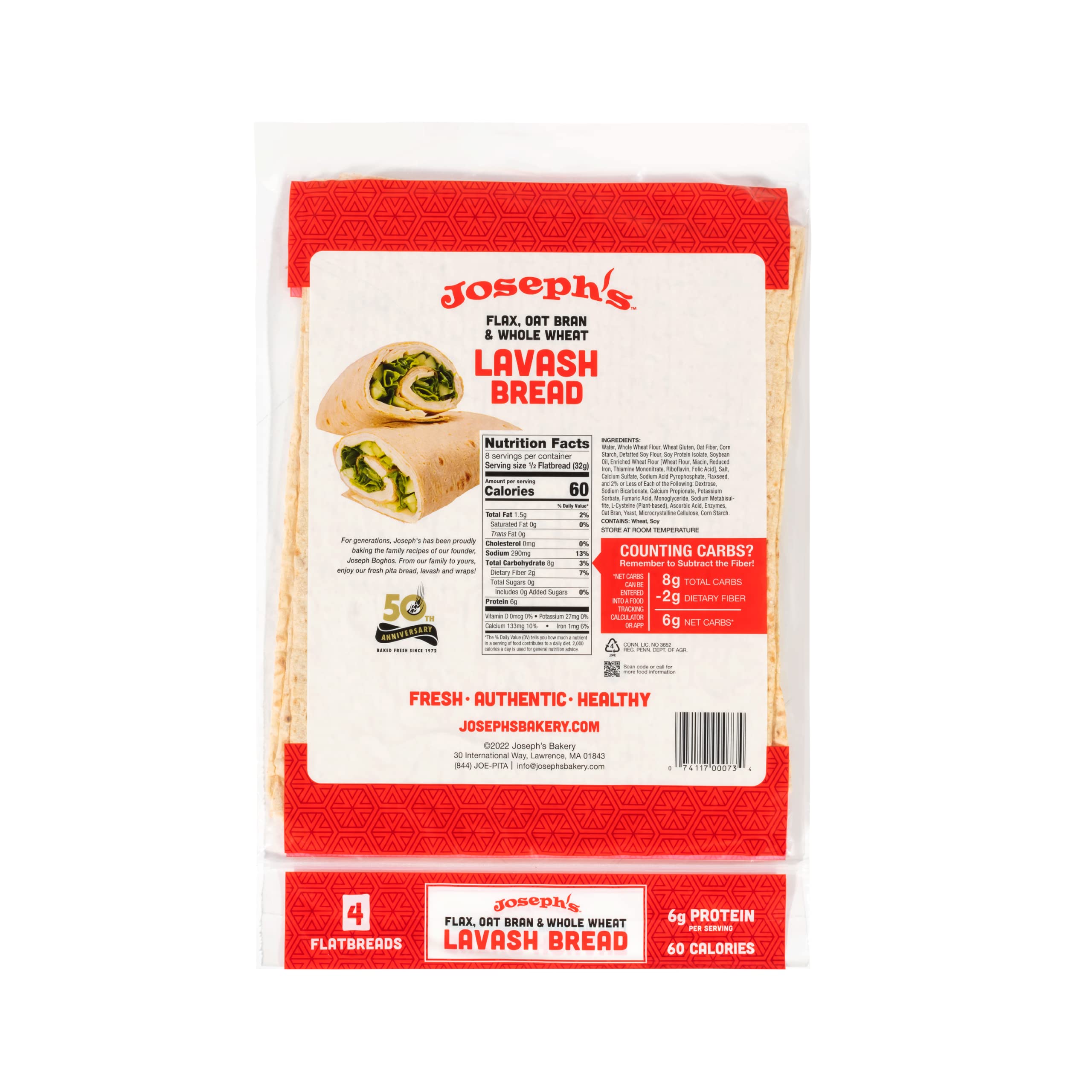 Joseph's Lavash Bread Value 6-Pack - Flax, Oat Bran & Whole Wheat Low Carb Flatbread (4 per Pack, 24 Total) | Perfect for Wraps, Sandwiches & Healthy Snacking