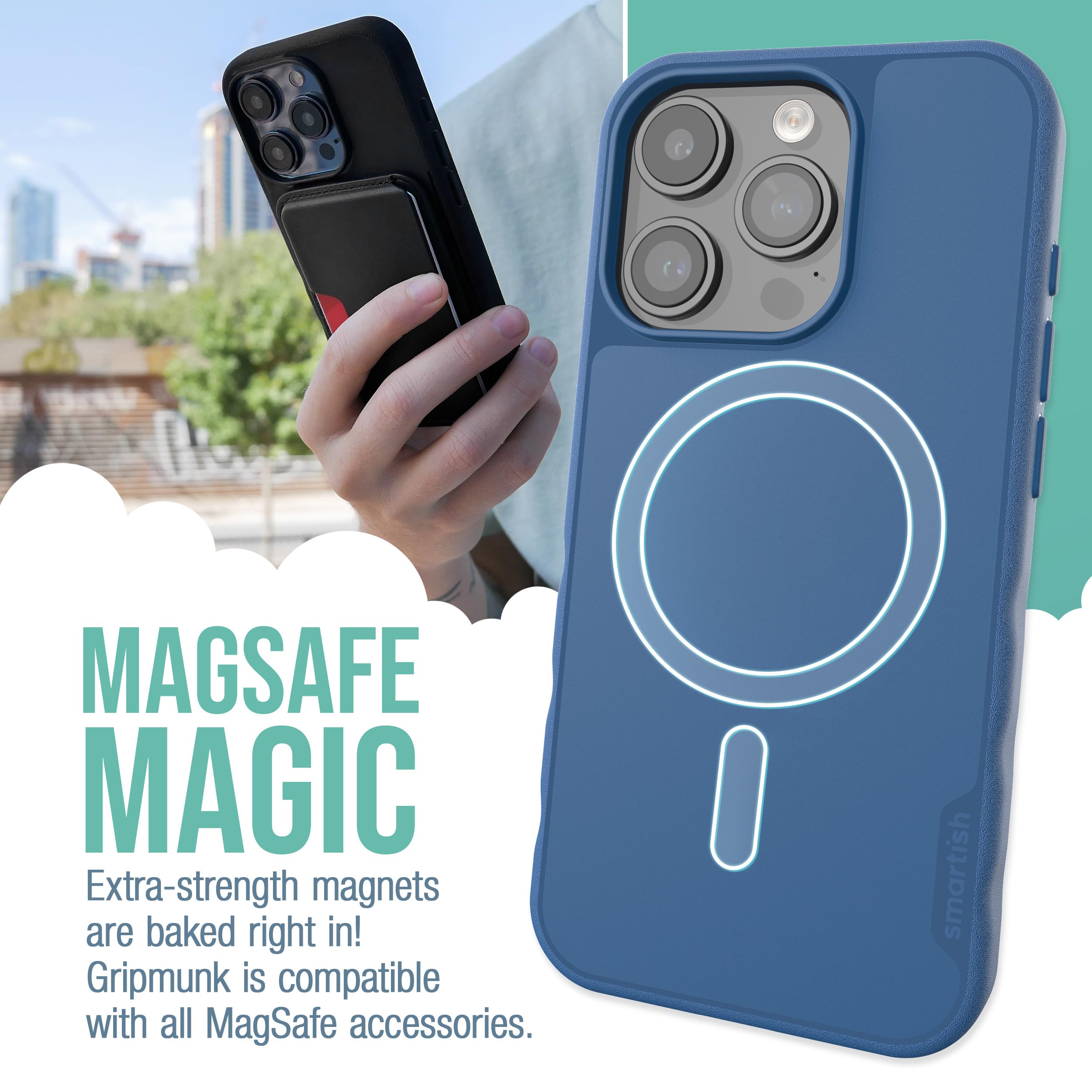 Smartish iPhone 15 Pro Magnetic Case - Slim Protective Cover with MagSafe Compatibility & Microfiber Lining | Gripmunk Design for Secure Hold | Perfect for Daily Use, Travel & Outdoor Activities - Blues on The Green