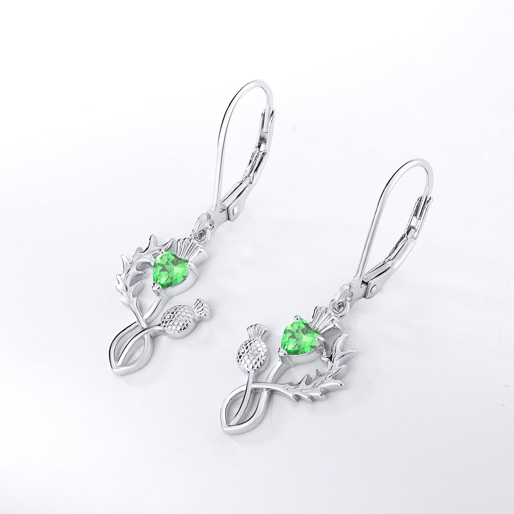 JO WISDOM Scottish Thistle Earrings - 925 Sterling Silver Scotland Flower Heart Outlander Drop Dangle Earrings with 3A CZ Birthstone - Women's Celtic Jewelry for Everyday Wear, Gift & Special Occasions