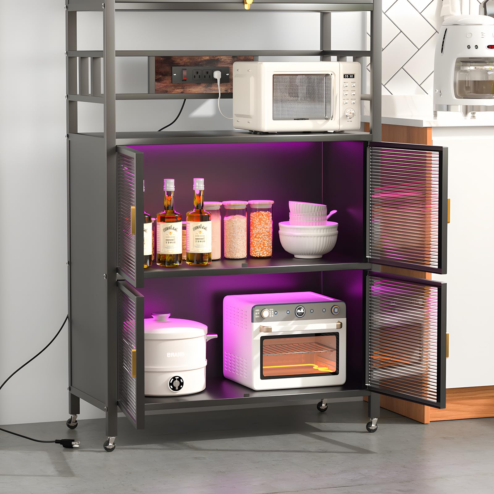 5-Tier Rolling Bakers Rack with Power Outlet & Hooks - Heavy Duty Microwave Stand, Coffee Station & Kitchen Storage Shelf for Spices, Pots, Pans - Perfect for Small Kitchens, Bakeries & Coffee Shops (Black)