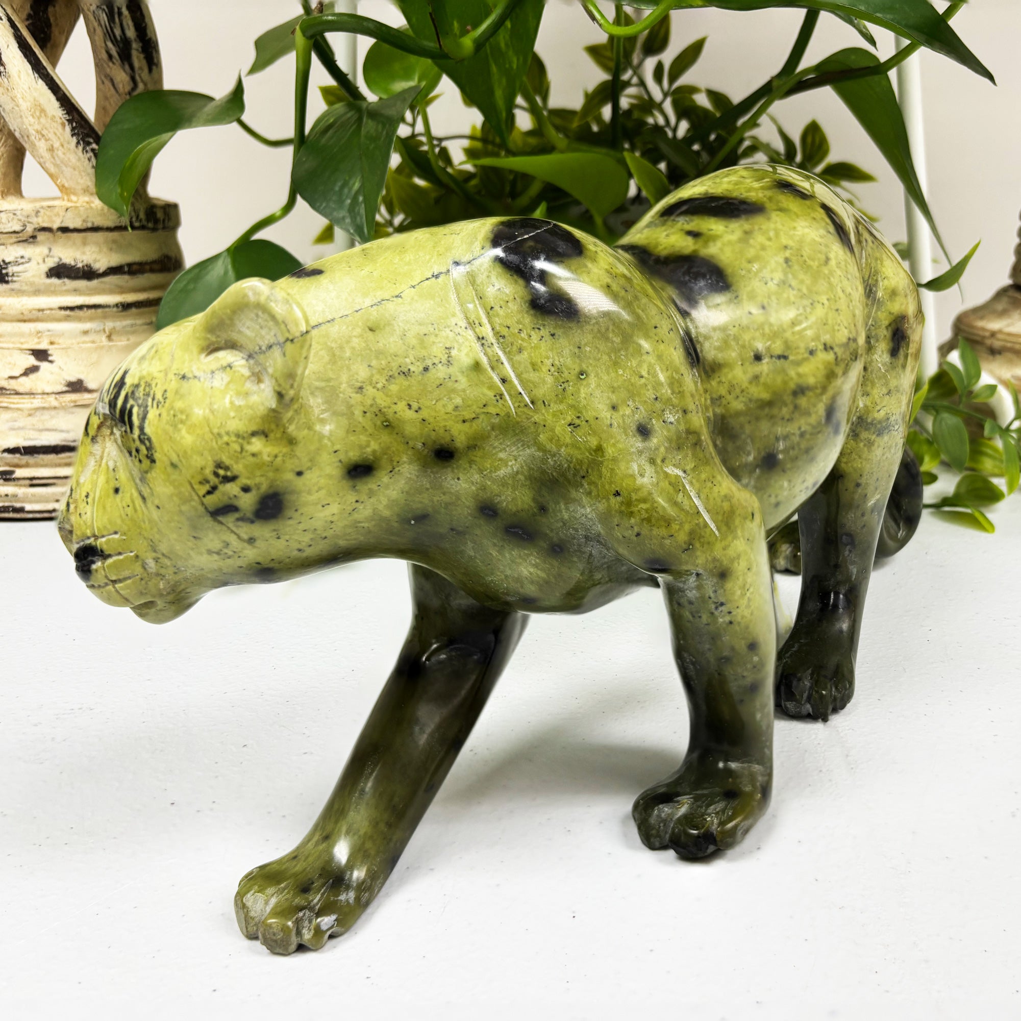 Natural Serpentine Leopard Gemstone Carving - Handmade Crystal Animal Figurine Statue for Home Decor, Feng Shui & Spiritual Healing | RAN461