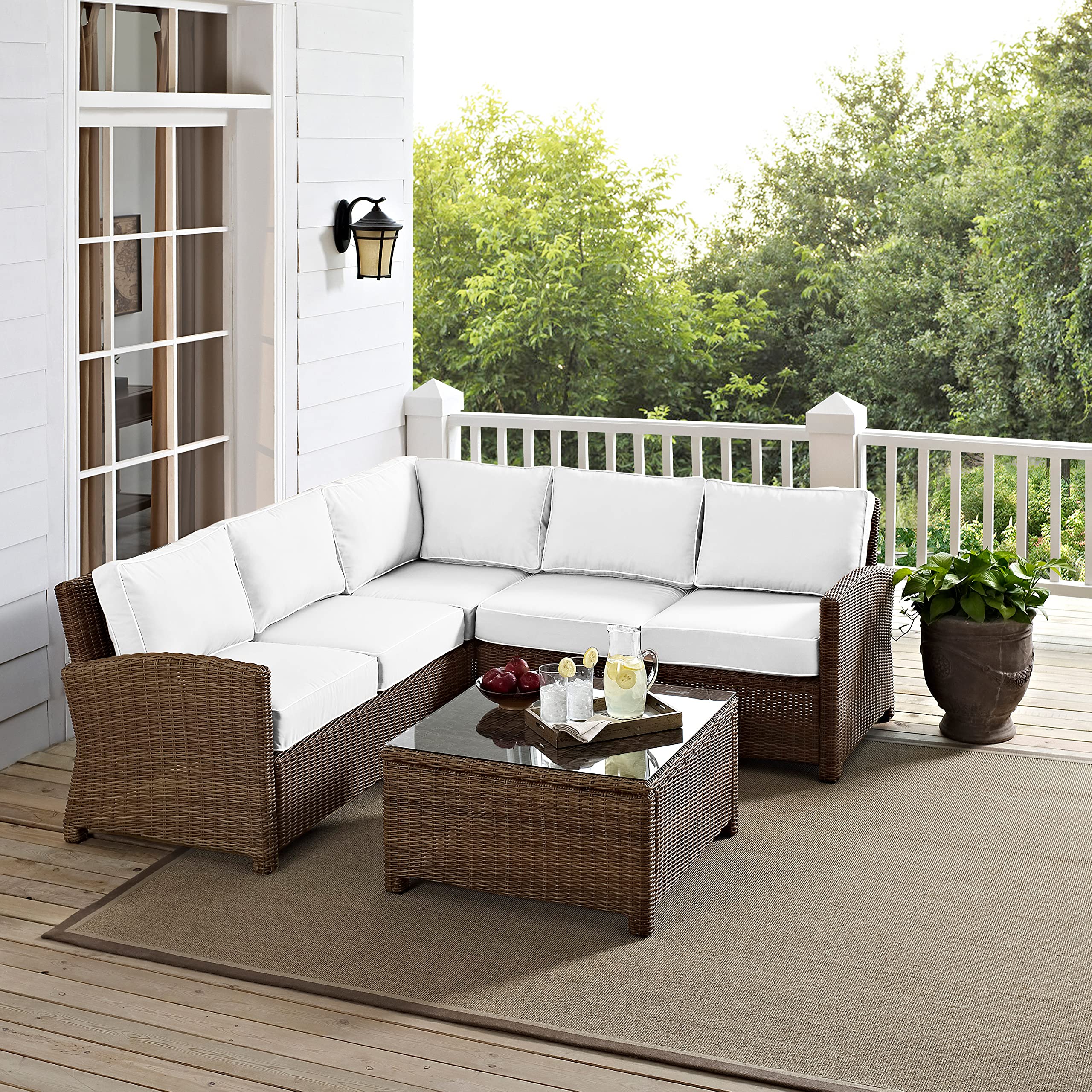 Crosley Bradenton 4-Piece Outdoor Sectional Sofa Set - Wicker Patio Furniture with Sunbrella Cushions in Brown | Perfect for Backyard, Poolside & Garden Relaxation
