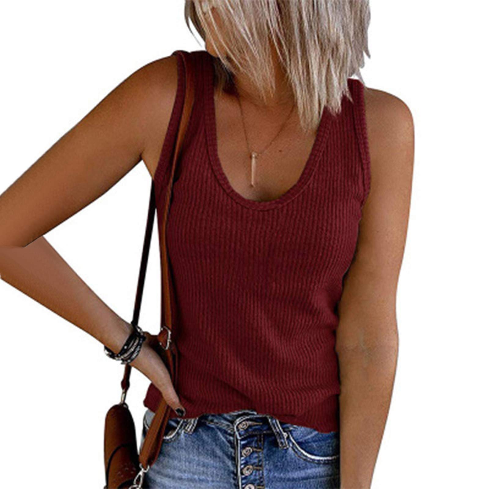 WUAI Women's U-Neck Waffle Knit Tank Top - Summer Casual Sleeveless Loose Blouse & Vest - Plus Size T-Shirts for Women - Perfect for Beach, Yoga, and Everyday Wear