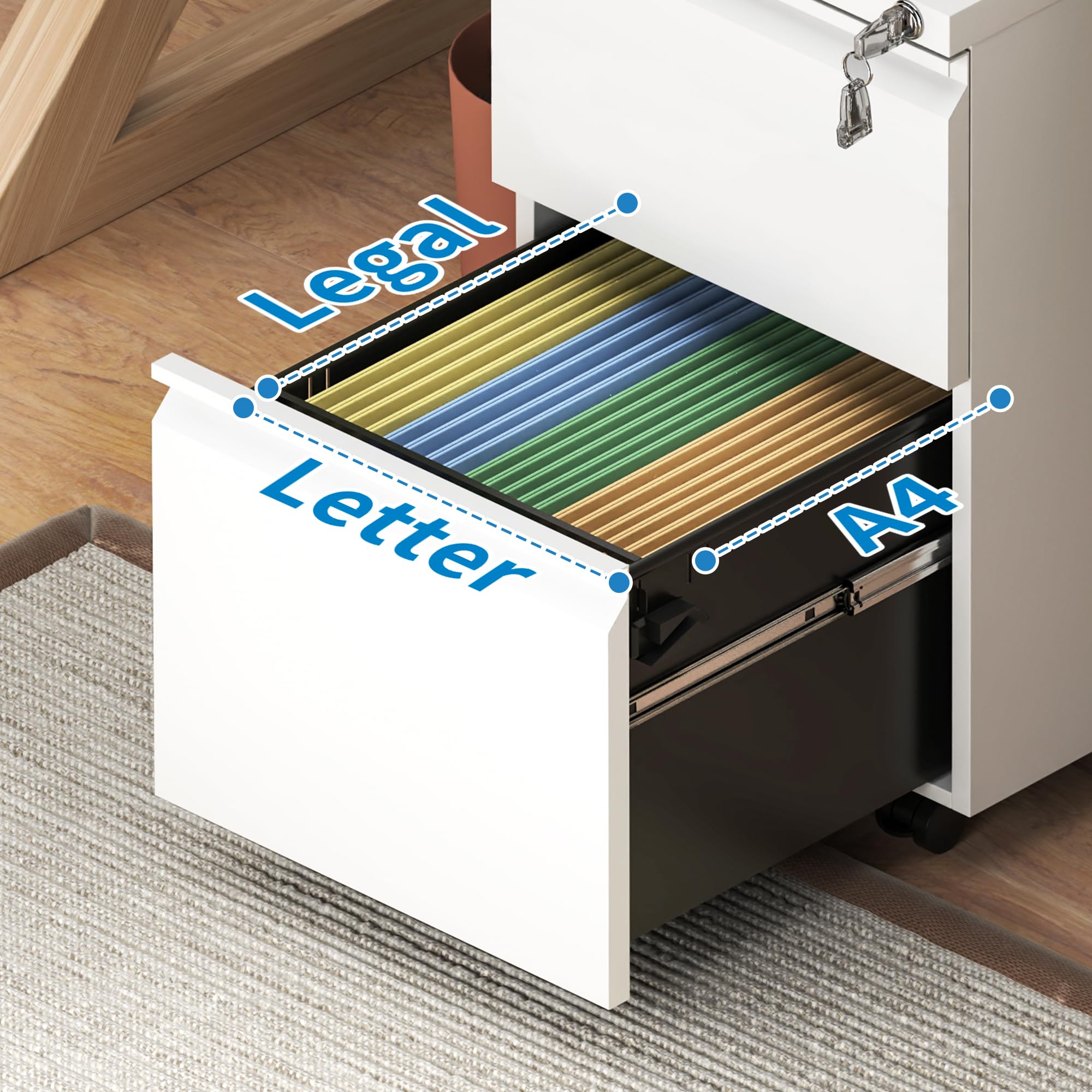 2-Drawer Mobile File Cabinet with Lock & Wheels - Small Vertical Under Desk Steel Rolling Cabinet for Home Office - Organize Legal/Letter/A4 Files (White) - Perfect for Office Storage & Home Organization