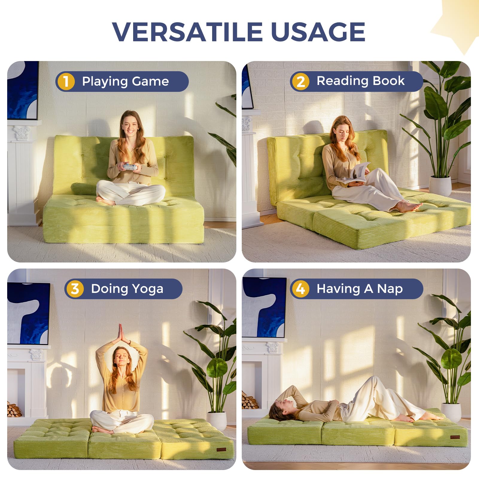 MAXYOYO 6 Inch Tri Fold Mattress - Tufted Full Foam Folding Bed with Durable Corded Fabric in Green | Perfect for Guest Beds, Camping & Small Spaces
