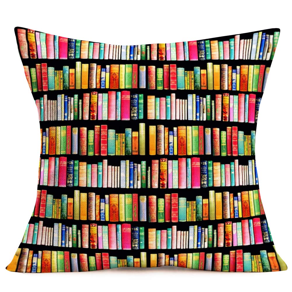 Book Lover Throw Pillow Cover - 18x18 Inch Cotton Linen Bookcase Library Design for Sofa, Chair & Desk Decor - Perfect for Reading Nooks, Bookstores, Classrooms & Cozy Home Libraries
