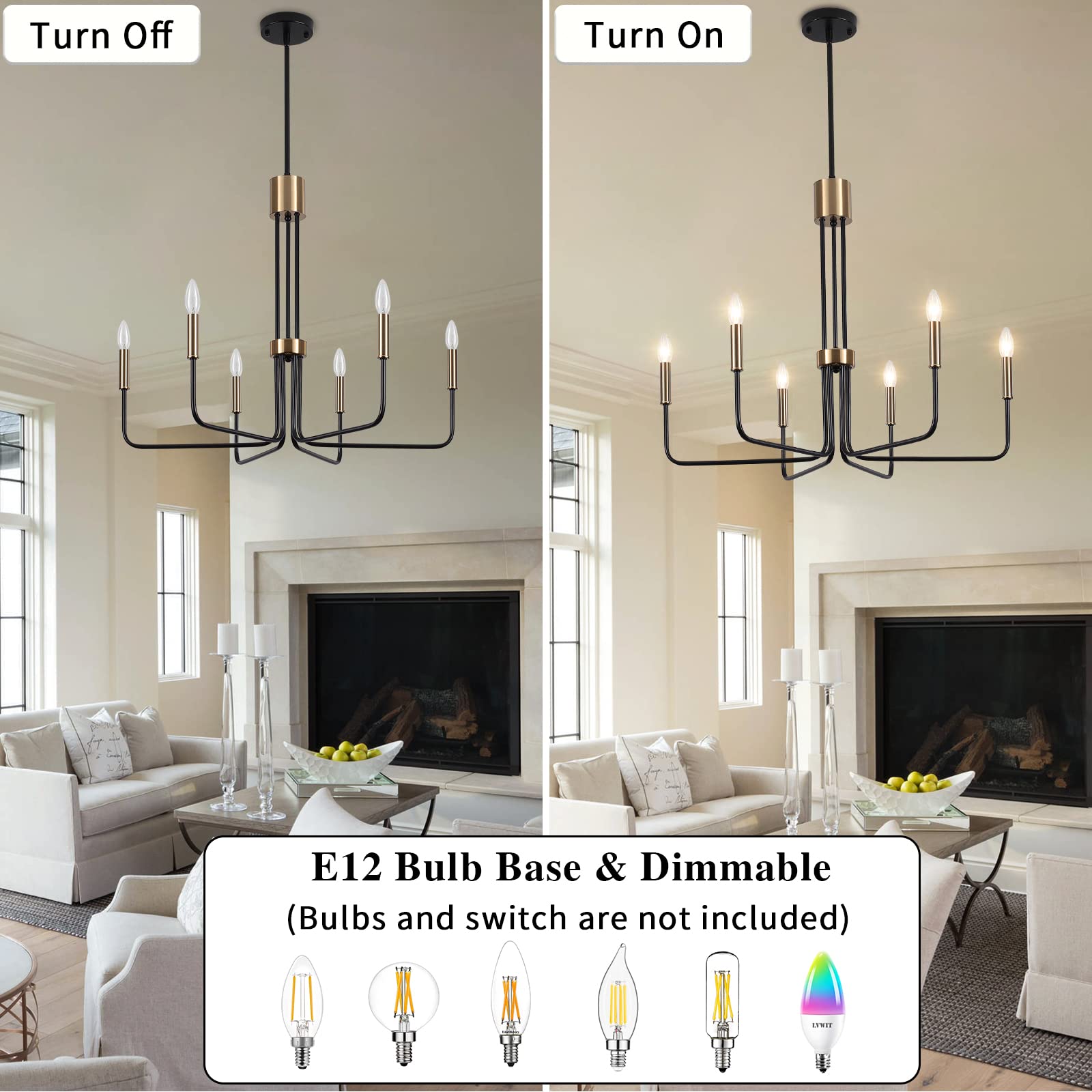 6-Light Modern Farmhouse Chandelier - Black & Gold Dining Room Ceiling Light Fixture - Elegant Kitchen, Living Room, Bedroom & Entryway Lighting - Perfect for Farmhouse, Rustic & Contemporary Home Decor