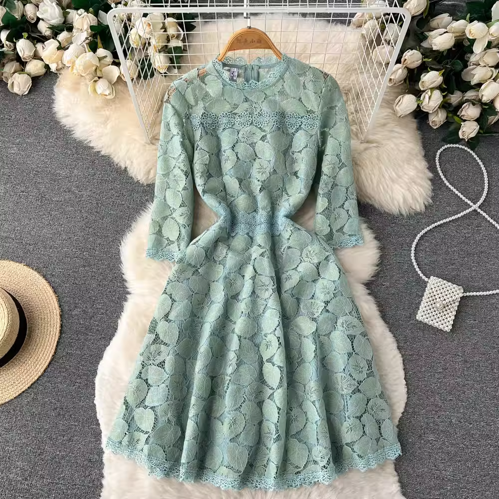 Elegant Hollow Autumn Dress for Women - A-Line Long Sleeve Flowy Skirt 1193 | Perfect for Fall Weddings, Office Wear & Seasonal Photoshoots