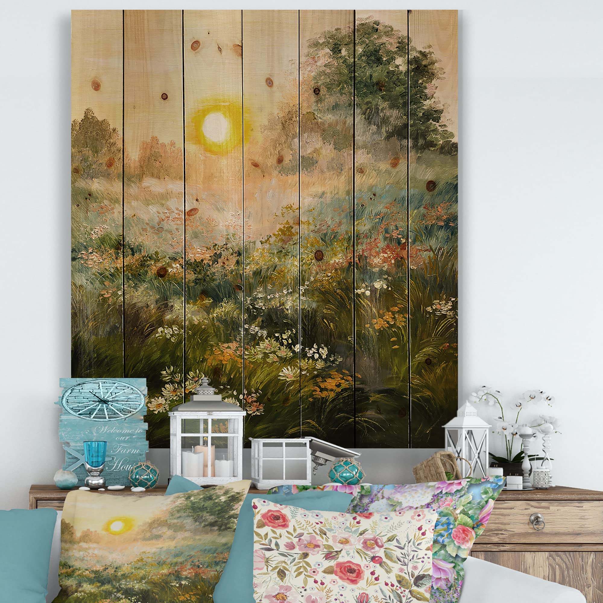 DesignQ Sunrise In The Blossoming Field Farmhouse Wood Wall Decor - Large Green Landscape Wall Art Panel Printed on Natural Pine Wood - Perfect for Living Room, Bedroom & Home Office Decor
